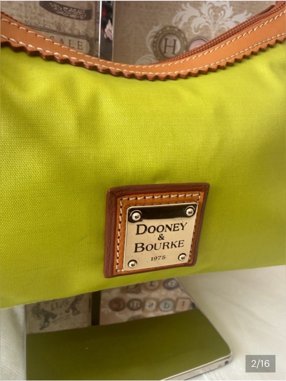 Dooney & Bourke Lime Green Nylon Shoulder Bag with Tan Leather Trim EUC